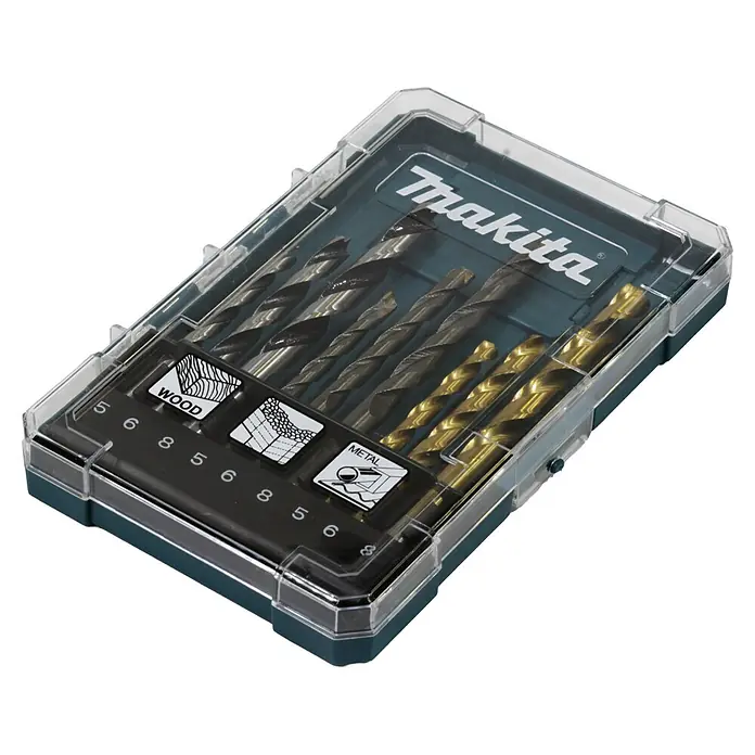 Makita Bohrer-Set D-71962 - 9 -tlg. - Makita Bohrer-Set im transparenten Koffer mit silbernen und goldfarbenen Holz- und Metallbohrern, Größen 5, 6, 8 sichtbar.
