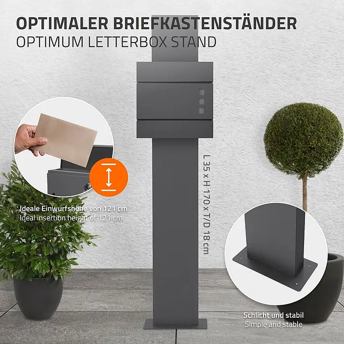 ML-Design Standbriefkasten Anthrazit Höhe 170 cm Freistehend Halterung für Briefkasten - L x B x H: 35 x 18 x 170 cm, Anthrazit, Metall - Dunkelgrauer, moderner Briefkastenständer mit integriertem Briefkasten, schlicht, stabil und 121 cm Einwurfhöhe.