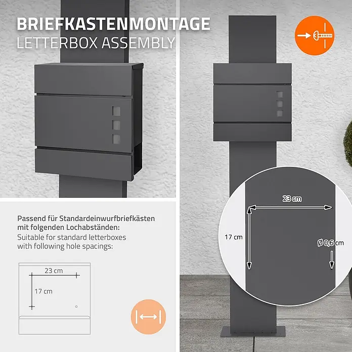 ML-Design Standbriefkasten Anthrazit Höhe 170 cm Freistehend Halterung für Briefkasten - L x B x H: 35 x 18 x 170 cm, Anthrazit, Metall - Dunkelgraues Metall-Briefkastenständer-Montageset mit Diagrammen für 23x17cm Lochabstand und 0,6cm Lochdurchmesser.