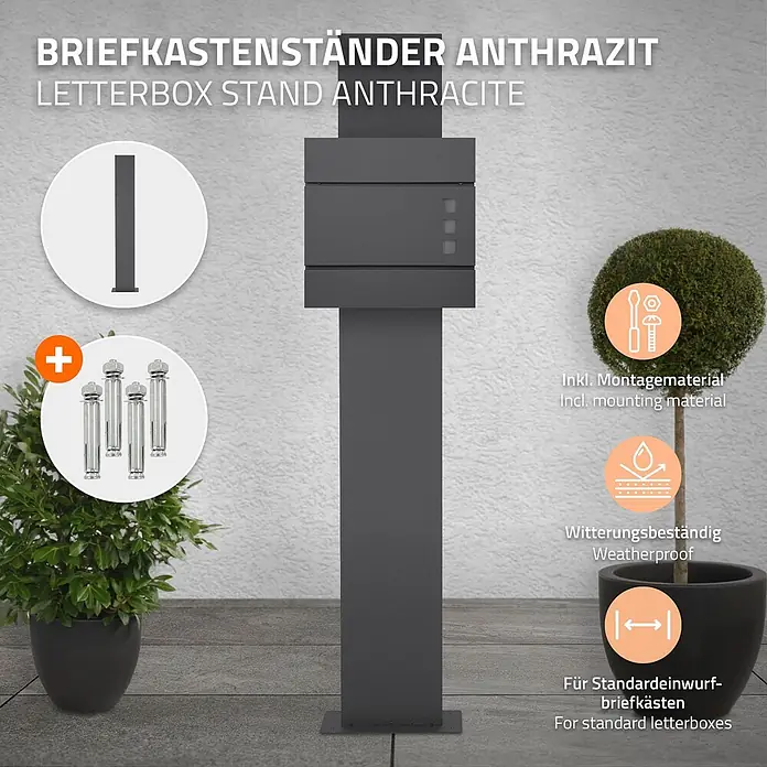ML-Design Standbriefkasten Anthrazit Höhe 170 cm Freistehend Halterung für Briefkasten - L x B x H: 35 x 18 x 170 cm, Anthrazit, Metall - Anthrazit Briefkastenständer für Standardbriefkästen, inkl. Montagematerial.