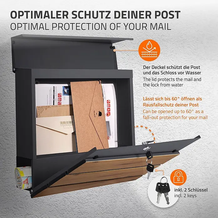 ML-Design Wandbriefkasten Mailbox mit Zeitungsrolle für Wandmontage - L x B x H: 11 x 37 x 36,5 cm, Anthrazit, Braun, Stahl, Zeitungsfach - Dunkelgrauer Briefkasten mit Holzakzenten, geöffnet mit Post, Schlüsseln und Zeitungsfach.