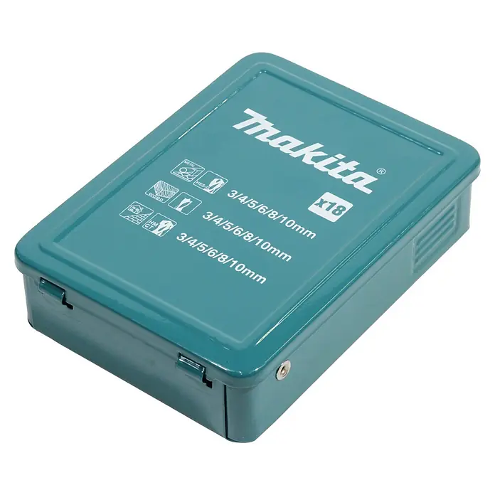 Makita Bohrer-Set D-46202 - 18 -tlg. - Türkises Makita Metallgehäuse mit 18 Bohrern (3-10mm) für Metall, Holz und Beton.