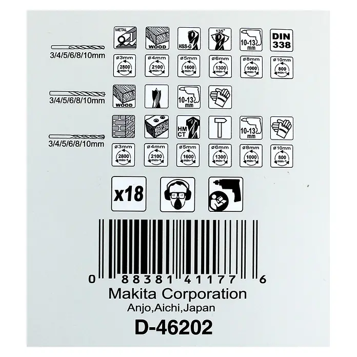 Makita Bohrer-Set D-46202 - 18 -tlg. - Makita 18-teiliges Bohrerset (3-10mm) für Metall, Holz und Mauerwerk. Enthält HSS-G und HM CT Bohrer.