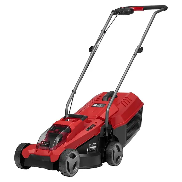 Einhell Power X-Change 18V Akku-Rasenmäher GE-CM 18/32 Li-Solo - 18 V, Ohne Akku, Schnittbreite: 32 cm - Roter und schwarzer Akku-Rasenmäher mit grauen Rädern und silbernem Griff.