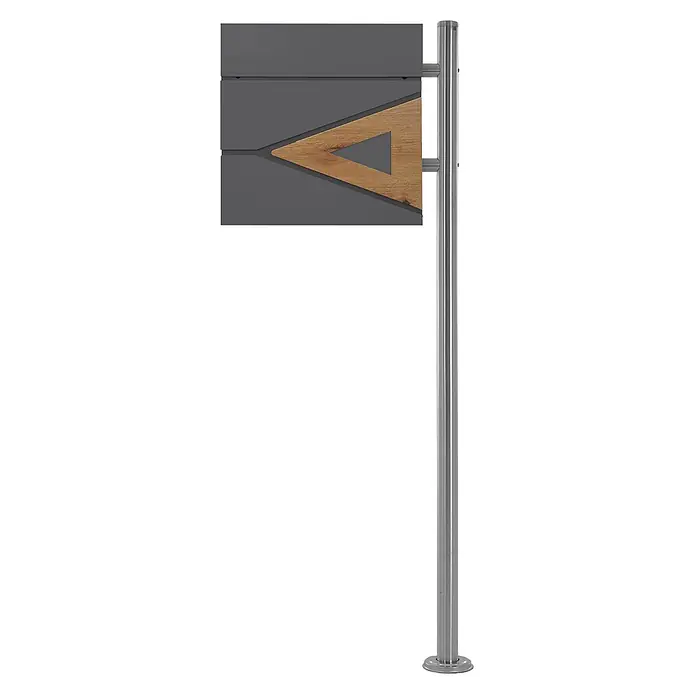 ML-Design Standbriefkasten Briefkastenanlage mit Ständer Silber 120cm Mailbox mit Pfosten - L x B x H: 17 x 42,5 x 120 cm, Anthrazit, Braun, Silber, Edelstahl - Grauer Briefkasten mit dreieckigem Holz-Akzent, montiert auf einem Edelstahlpfosten.