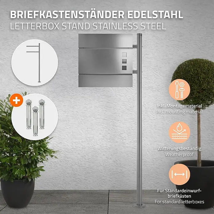 ML-Design Standbriefkasten Silber rund Höhe 120 cm Freistehend Halterung für Briefkasten - L x B x H: 9 x 42,5 x 120 cm, Silber, Edelstahl - Briefkastenständer aus Edelstahl mit montiertem Briefkasten und Icons, die Merkmale darstellen.