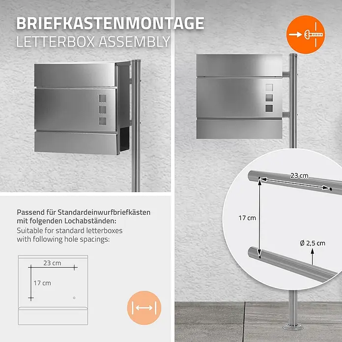 ML-Design Standbriefkasten Silber rund Höhe 120 cm Freistehend Halterung für Briefkasten - L x B x H: 9 x 42,5 x 120 cm, Silber, Edelstahl - Silberner Metallständer für Briefkastenmontage, zeigt Lochabstände von 23x17 cm zur Befestigung und 2,5 cm Stabdurchmesser.