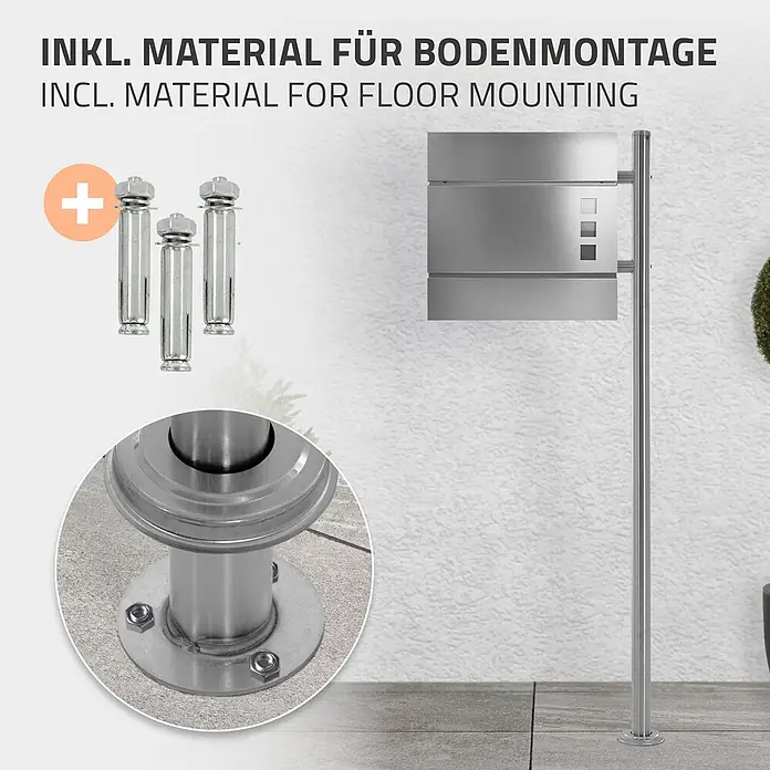 ML-Design Standbriefkasten Silber rund Höhe 120 cm Freistehend Halterung für Briefkasten - L x B x H: 9 x 42,5 x 120 cm, Silber, Edelstahl - Edelstahl-Außenpfostensystem mit Licht- oder Briefkasteneinheit, gezeigt mit Bodenmontageankern und Nahaufnahme der Basis.