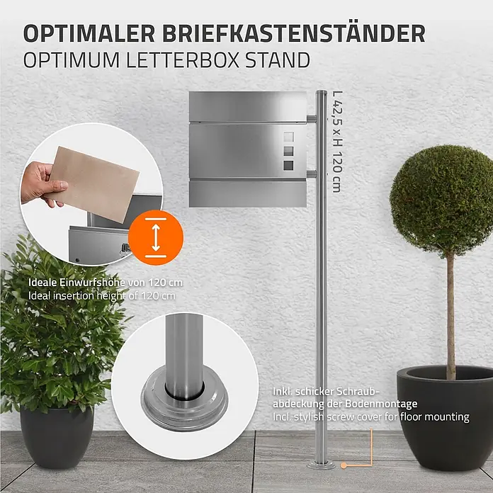 ML-Design Standbriefkasten Silber rund Höhe 120 cm Freistehend Halterung für Briefkasten - L x B x H: 9 x 42,5 x 120 cm, Silber, Edelstahl - Silberner Metall-Briefkastenständer, 120 cm hoch, mit eleganter Bodenmontage.