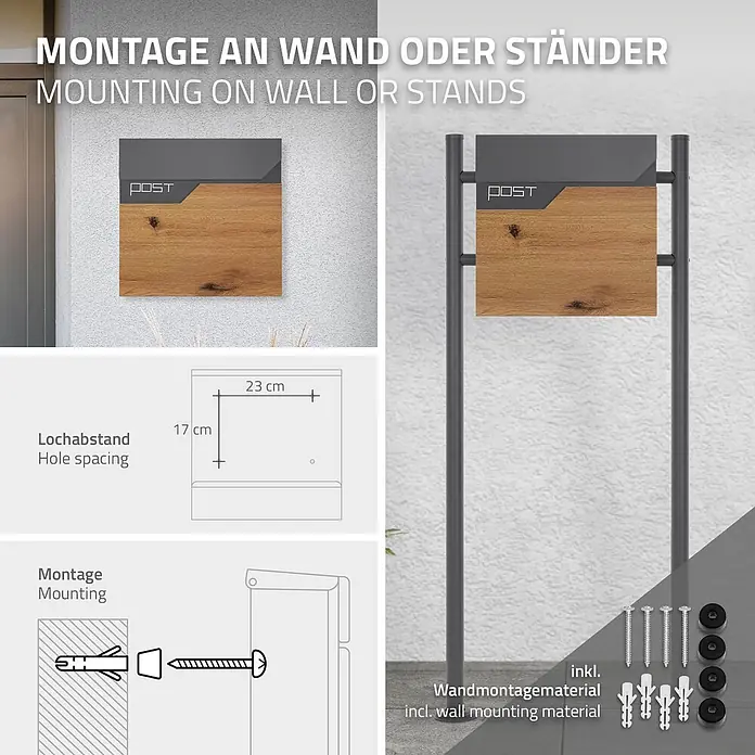 ML-Design Wandbriefkasten Mailbox mit Zeitungsrolle für Wandmontage - L x B x H: 11 x 37 x 37 cm, Anthrazit, Braun, Edelstahl, Zeitungsfach - Moderner, dunkelgrauer Briefkasten in Holzoptik zur Wand- oder Ständermontage, mit Maßen und Montagematerial.