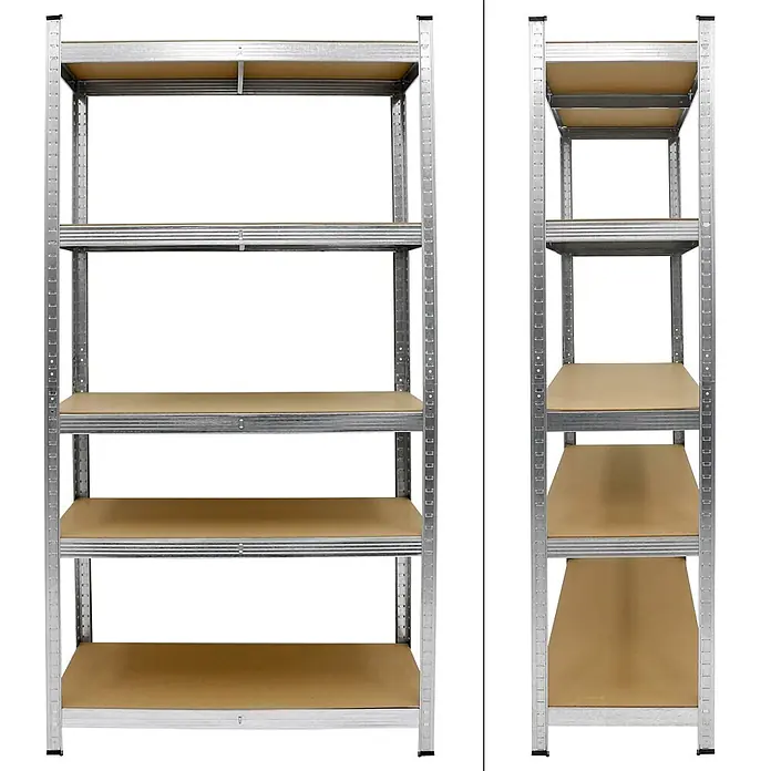 ECD Germany Schwerlastregal Regalsystem bis 875kg Werkstattregal Metall / MDF Silber - Traglast pro Boden: 70 kg, Anzahl Böden: 5 Stk., Stecken, Silber - Zwei verzinkte Stahlregale mit mehreren braunen Holzablagen, ideal für Schwerlastlagerung.