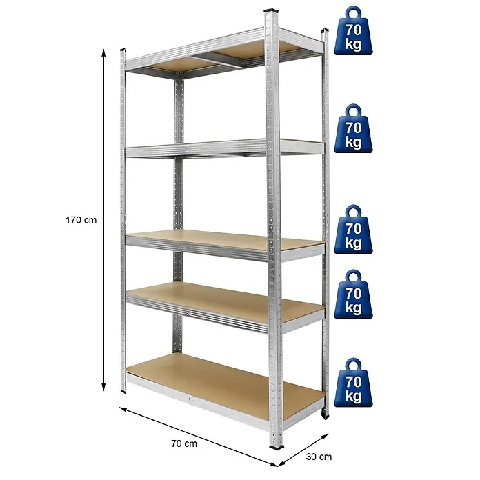 ECD Germany Schwerlastregal Regalsystem bis 875kg Werkstattregal Metall / MDF Silber - Traglast pro Boden: 70 kg, Anzahl Böden: 5 Stk., Stecken, Silber - Fünfstöckiges, verzinktes Metallregal mit hellen Holzablagen. Maße: 170x70x30 cm. Jede Ablage trägt 70 kg.