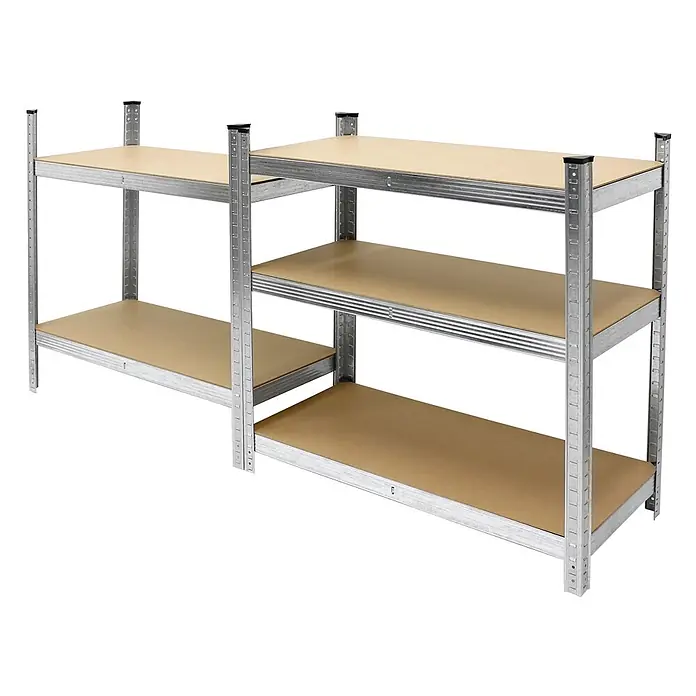 ECD Germany Schwerlastregal Regalsystem bis 875kg Werkstattregal Metall / MDF Silber - Traglast pro Boden: 70 kg, Anzahl Böden: 5 Stk., Stecken, Silber - Zwei miteinander verbundene verzinkte Metallregale mit beigen Holzablagen für schwere Lasten.