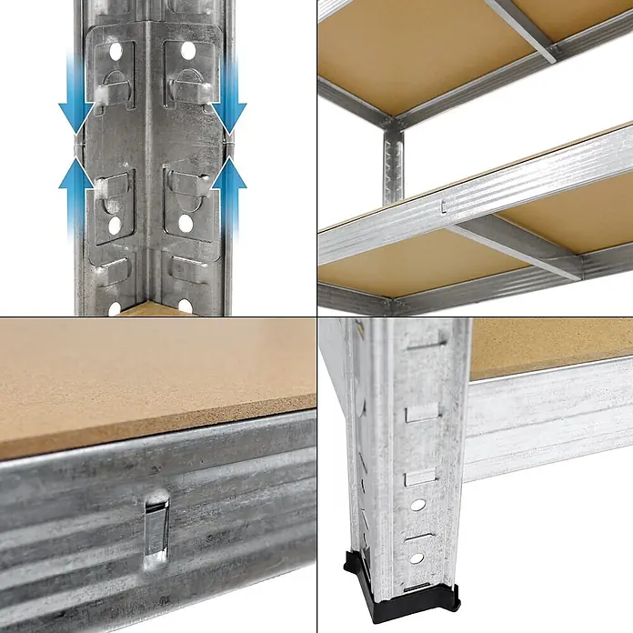 ECD Germany Schwerlastregal Regalsystem bis 875kg Werkstattregal Metall / MDF Silber - Traglast pro Boden: 70 kg, Anzahl Böden: 5 Stk., Stecken, Silber - Verzinktes Stahlregal mit hellbraunen MDF-Böden, das die stabilen Montagepunkte und die Eckverstärkung zeigt.