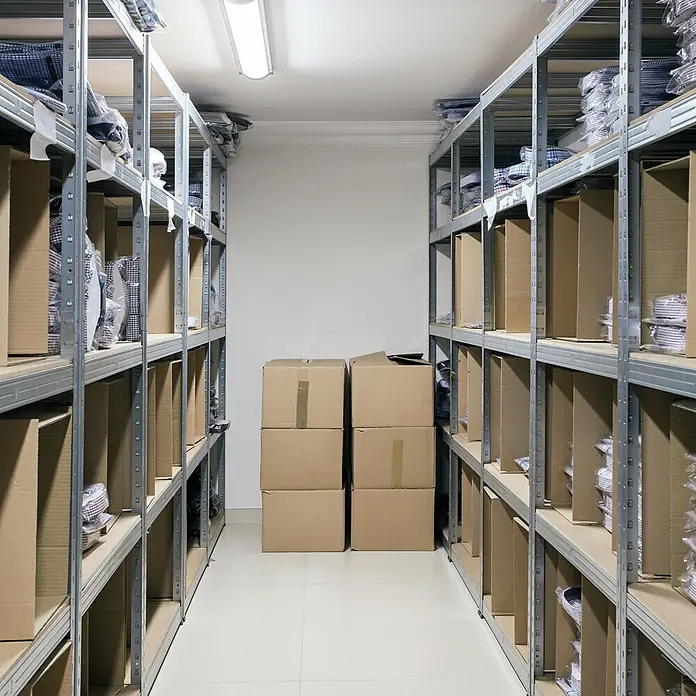 ECD Germany Schwerlastregal Regalsystem bis 750kg Werkstattregal Metall / MDF Silber - Traglast pro Boden: 150 kg, Anzahl Böden: 5 Stk., Stecken, Silber - Schmaler Lagerraum mit Metallregalen voller verpackter Kleidung und gestapelten Kartons im Gang.