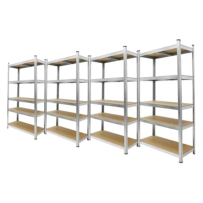 ECD Germany Schwerlastregal 4er-Regalsystem bis 750 kg Werkstattregal Metall/MDF Silber - Traglast pro Boden: 150 kg, Anzahl Böden: 5 Stk., Stecken, Silber - Vier verzinkte Stahlregale mit jeweils fünf hellbraunen Holzablagen, für starke Beanspruchung.