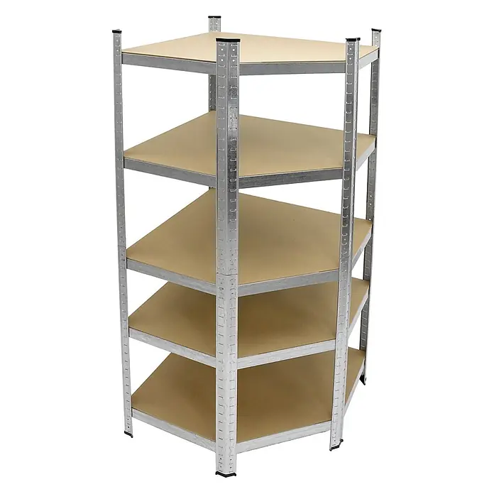 ECD Germany Schwerlastregal Regalsystem bis 875kg Werkstattregal Metall / MDF Silber - Traglast pro Boden: 150 kg, Anzahl Böden: 5 Stk., Stecken, Schwarz - Fünfstöckiges Eckregal mit verzinktem Metallrahmen und hellbraunen Holzregalböden.