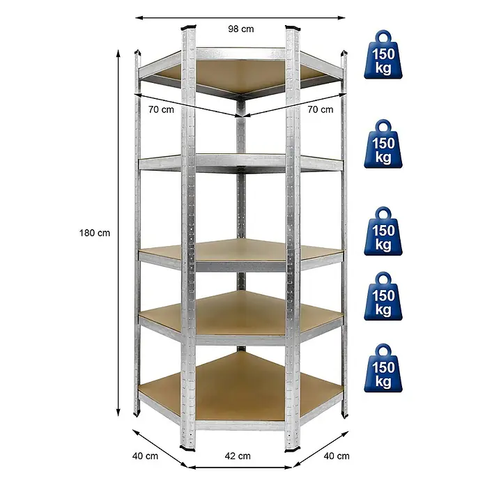 ECD Germany Schwerlastregal Regalsystem bis 875kg Werkstattregal Metall / MDF Silber - Traglast pro Boden: 150 kg, Anzahl Böden: 5 Stk., Stecken, Schwarz - Verzinktes Eckregal aus Metall mit 5 hellbraunen MDF-Böden. Maße 180x98x70 cm, jeder Boden trägt 150 kg.