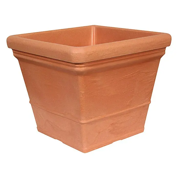 Geli Macetero cuadrado Parma - Dimensiones externas (L x An x Al): 40 x 40 x 34 cm, Plástico, Terracota - Maceta cuadrada de terracota con detalles escalonados y un borde superior enrollado, ideal para la decoración del jardín.