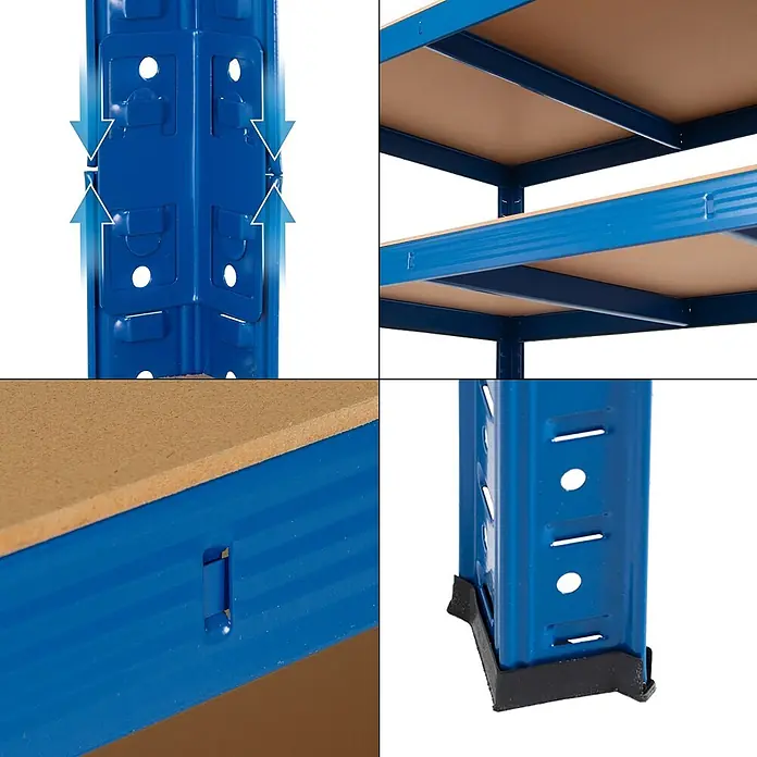 ECD Germany Schwerlastregal Regalsystem bis 875kg Werkstattregal Metall / MDF Blau - Traglast pro Boden: 175 kg, Anzahl Böden: 5 Stk., Stecken, Silber - Details einer blauen Metallregaleinheit: ineinandergreifende Eckpfosten, braune Spanplattenböden und eine schwarze Kunststofffußkappe.