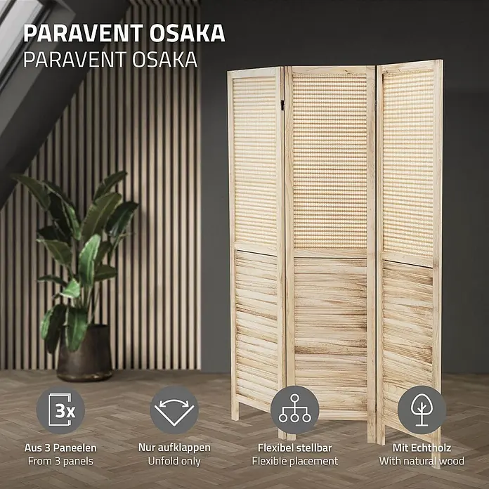 ML-Design Sichtschutzelement Raumtrenner 3-teilig Osaka Natur Holz freistehend Trennwand - Holz, Beige - Ein dreiteiliger Raumteiler aus hellem Naturholz und Rattan-Geflecht, flexibel aufstellbar in einem modernen Wohnraum.