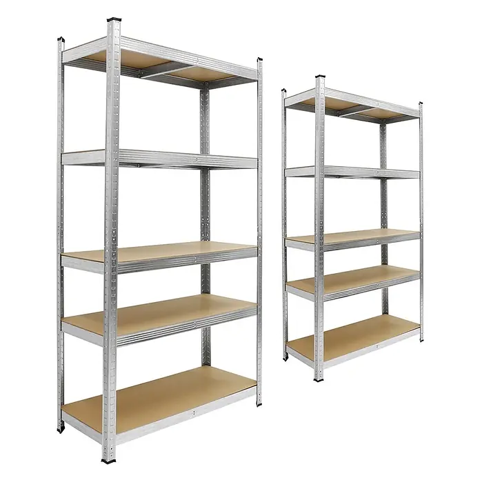 ECD Germany Schwerlastregal Steckregal Silber Holzböden Kellerregal 170x70x30cm - Traglast pro Boden: 70 kg, Anzahl Böden: 5 Stk., Stecken, Silber - Zwei verzinkte Metallregale mit hellbraunen Holzablagen.