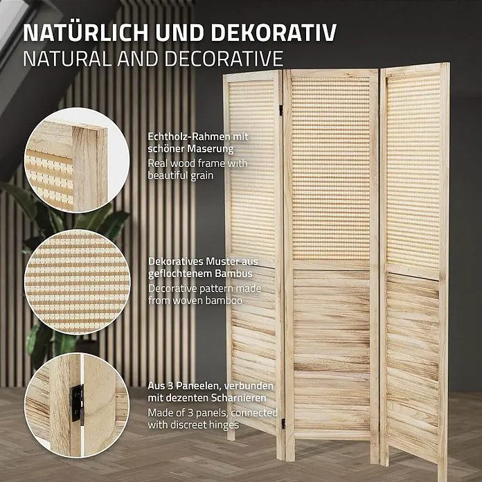 ML-Design Sichtschutzelement Raumtrenner 3-teilig Osaka Natur Holz freistehend Trennwand - Holz, Beige - Ein natürlicher und dekorativer dreiteiliger Raumteiler aus hellem Holz mit geflochtenen Bambuspanelen.