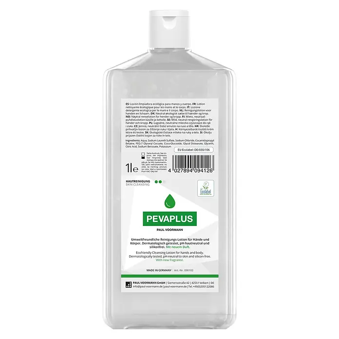 Paul Voormann Limpiador cutáneo para mascotas Pevaplus - 1 l - Una botella de plástico transparente con tapón blanco abatible, llena de loción limpiadora Pevaplus.