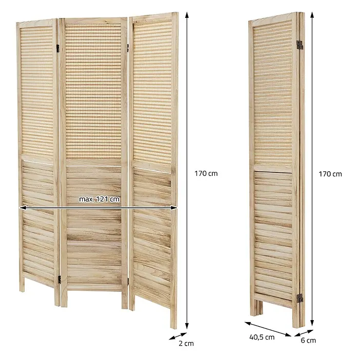 ML-Design Sichtschutzelement Raumtrenner 3-teilig Osaka Natur Holz freistehend Trennwand - Holz, Beige - Vierteiliger Raumteiler aus hellem Holz mit geflochtenen Rattan-Oberteilen und lamellierten Holz-Unterteilen.