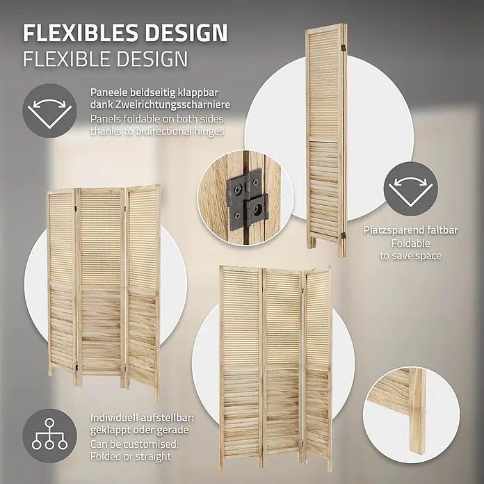 ML-Design Sichtschutzelement Raumtrenner 3-teilig Osaka Natur Holz freistehend Trennwand - Holz, Beige - Heller Raumteiler aus Holz und Rattan, zeigt sein flexibles, faltbares Design und bidirektionale Scharniere.