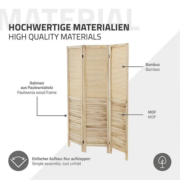 ML-Design Sichtschutzelement Raumtrenner 3-teilig Osaka Natur Holz freistehend Trennwand - Holz, Beige - Heller dreiteiliger Paravent aus Paulowniaholz und Bambus, faltbar für einfache Montage.