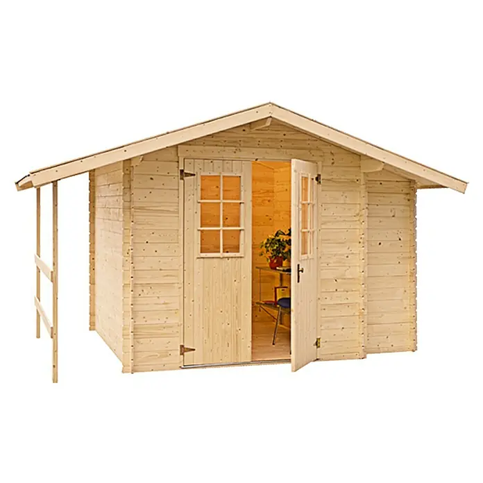 Kiehnholz Caseta de jardín Oslo - Medidas ext. (An x Pr): 362 x 263 cm, Madera, Natural - Una caseta de jardín de madera con puerta doble y un pequeño porche, ideal para guardar herramientas de jardín o como un refugio acogedor.