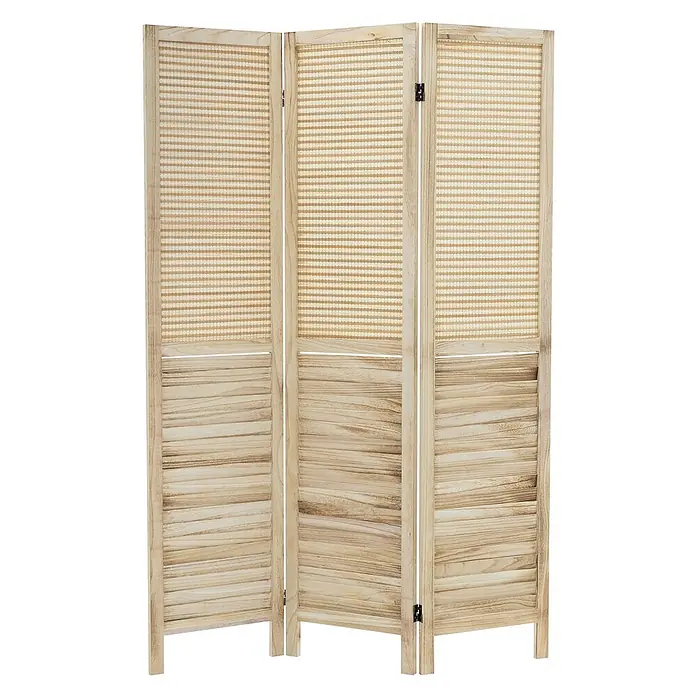 ML-Design Sichtschutzelement Raumtrenner 3-teilig Osaka Natur Holz freistehend Trennwand - Holz, Beige - Dreiteiliger Raumteiler aus hellem Holz mit Rattangeflecht und Lamellenbereichen.