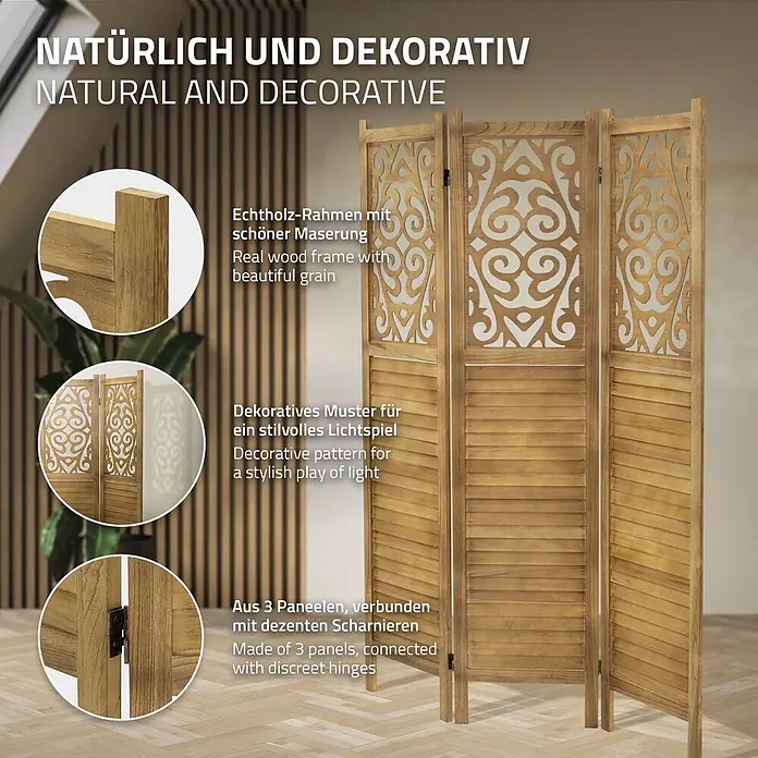 ML-Design Sichtschutzelement Raumtrenner 3-teilig Tokio Natur Holz freistehend Trennwand - Holz, Braun - Natürlicher Raumteiler aus Holz mit drei Paneelen, dekorativen Mustern und Lamellen, verbunden mit Scharnieren.