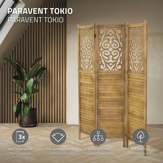 ML-Design Sichtschutzelement Raumtrenner 3-teilig Tokio Natur Holz freistehend Trennwand - Holz, Braun - Ein dreiteiliger Raumteiler aus Naturholz mit dekorativen oberen Ausschnitten und Lamellenboden, in einem Innenraum.