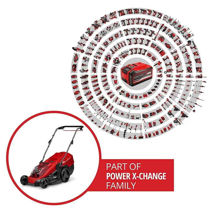 Einhell Power X-Change 18V Akku-Rasenmäher GE-CM 36/43 Li M - 18 V, 2 Akkus, 4 Ah, Schnittbreite: 43 cm - Roter und schwarzer Einhell Akku-Rasenmäher, Teil der vielseitigen Power X-Change Akkusystem-Familie.