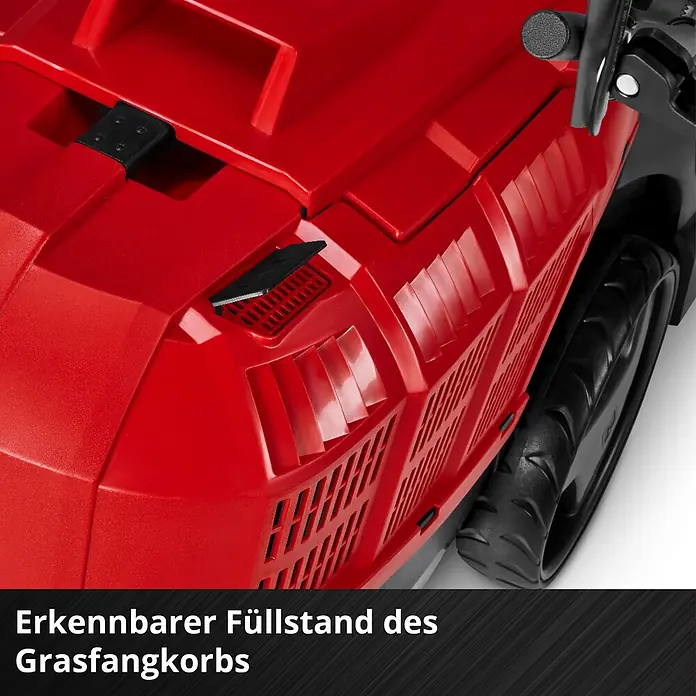 Einhell Power X-Change 18V Akku-Rasenmäher GE-CM 36/43 Li M - 18 V, 2 Akkus, 4 Ah, Schnittbreite: 43 cm - Nahaufnahme eines roten Rasenmäher-Grasfangkorbs mit sichtbarer Füllstandsanzeige und schwarzem Rad.