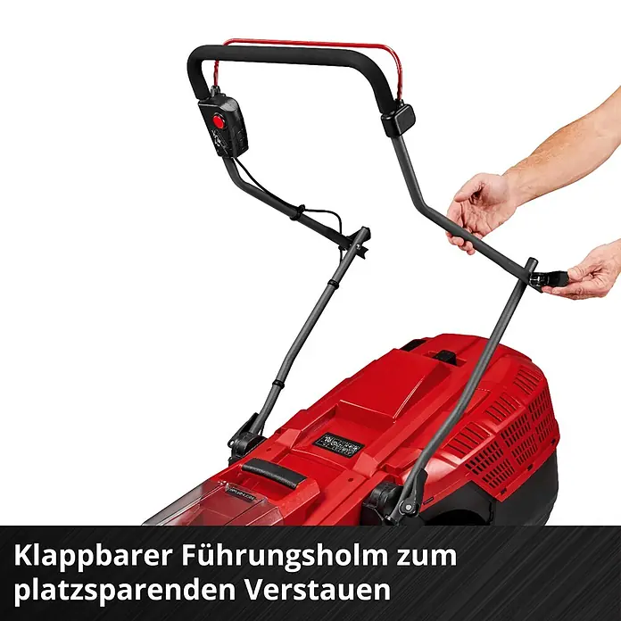 Einhell Power X-Change 18V Akku-Rasenmäher GE-CM 36/43 Li M - 18 V, 2 Akkus, 4 Ah, Schnittbreite: 43 cm - Rot-schwarzer Rasenmäher mit klappbarem Führungsholm für platzsparendes Verstauen, gezeigt von einer Person.