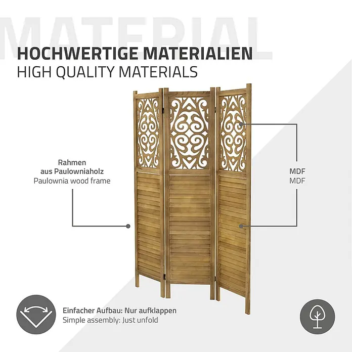 ML-Design Sichtschutzelement Raumtrenner 3-teilig Tokio Natur Holz freistehend Trennwand - Holz, Braun - Dreiteiliger Paravent aus Paulowniaholz und MDF. Naturfarben, hochwertig und einfach aufzubauen.