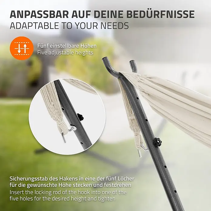 ML-Design Hängematte XXL Hängesessel Beige mit Tragetasche und Ständer für Garten/Balkon - L x B: 255 x 99 cm, Stahl, Beige, Passend für: Erholung, Lesen, Entspannen - Schwarzer Metall-Hängemattenständer mit höhenverstellbarem Mechanismus: mehrere Löcher und Sicherungsstift halten eine beige Hängematte.