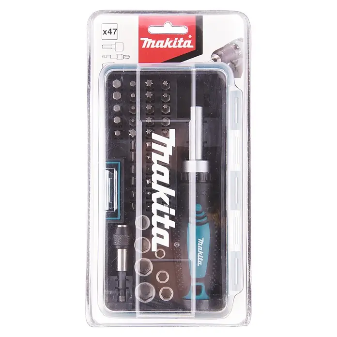 Makita Bit- & Ratschen-Set B-36170 - 47 -tlg. - Makita 47-teiliges Schrauberbit-Set in klarer Blisterverpackung, mit verschiedenen Bit-Typen, Schraubendrehergriff und Adapter.