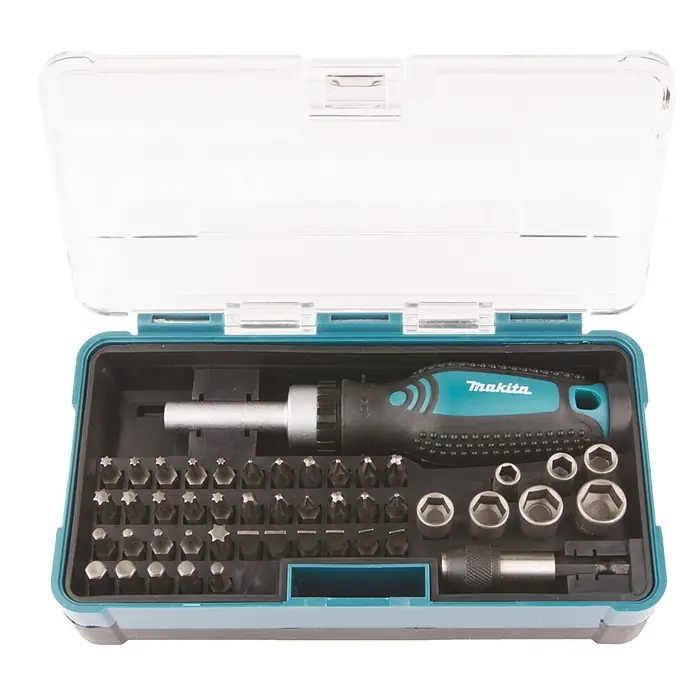 Makita Bit- & Ratschen-Set B-36170 - 47 -tlg. - Makita Schraubendreher-Bit-Set in transparentem und türkisem Koffer, mit Ratschenschraubendreher, Bits und Steckschlüsseln.