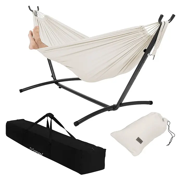 ML-Design Hängematte XXL Hängesessel Beige mit Tragetasche und Ständer für Garten/Balkon - L x B: 255 x 99 cm, Stahl, Beige, Passend für: Erholung, Lesen, Entspannen - Cremefarbene Stoffhängematte auf schwarzem Metallgestell mit Füßen darin. Inklusive schwarzer Tragetasche und kleinem cremefarbenen Beutel.