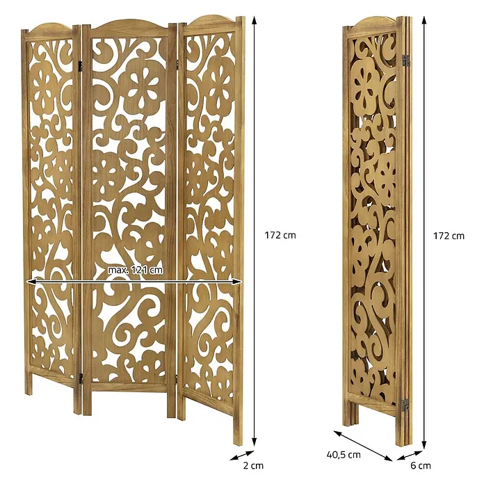 ML-Design Sichtschutzelement Raumtrenner 3-teilig Yokohama Natur freistehend Trennwand - Holz, Braun - Natürlicher Holz-Paravent mit floralen Schnitzereien, offen und gefaltet dargestellt, mit Maßen.