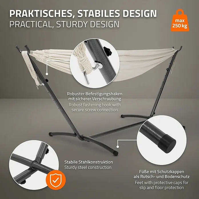 ML-Design Hängematte XXL Hängesessel Beige mit Tragetasche und Ständer für Garten/Balkon - L x B: 255 x 99 cm, Stahl, Beige, Passend für: Erholung, Lesen, Entspannen - Stabiles Metall-Hängemattenständer mit cremefarbener Hängematte, robusten Verbindungen und Schutzkappen für Stabilität. Max. 250 kg.