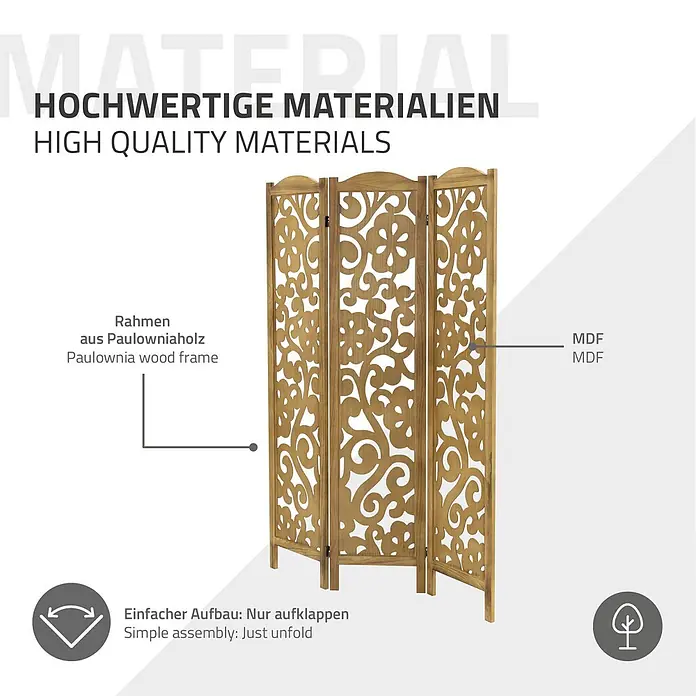 ML-Design Sichtschutzelement Raumtrenner 3-teilig Yokohama Natur freistehend Trennwand - Holz, Braun - Dreiteiliger Sichtschutz aus Paulowniaholzrahmen und MDF-Paneelen mit geschnitztem Muster zum Aufklappen.