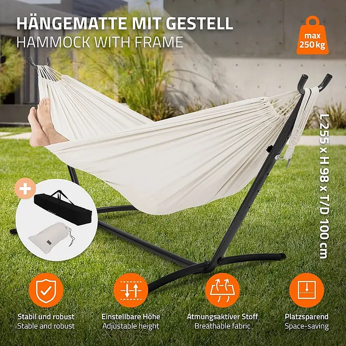 ML-Design Hängematte XXL Hängesessel Beige mit Tragetasche und Ständer für Garten/Balkon - L x B: 255 x 99 cm, Stahl, Beige, Passend für: Erholung, Lesen, Entspannen - Cremefarbene Hängematte mit schwarzem Metallgestell, Füße einer Person ruhen darin. Inklusive Tragetasche.