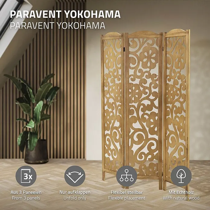 ML-Design Sichtschutzelement Raumtrenner 3-teilig Yokohama Natur freistehend Trennwand - Holz, Braun - Dreiteiliger Paravent aus Echtholz in hellem Holzton mit dekorativen Schnitzereien, flexibel platzierbar.