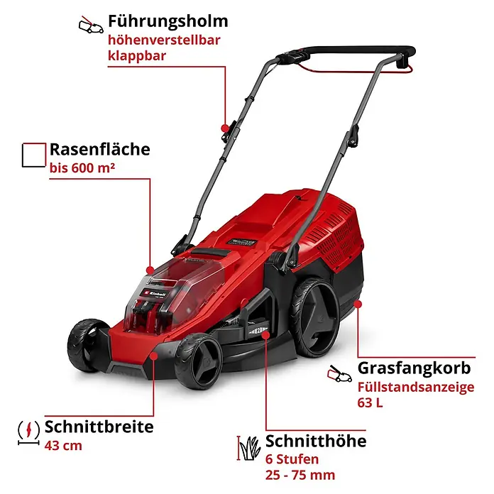Einhell Power X-Change 18V Akku-Rasenmäher GE-CM 36/43 Li M - 18 V, 2 Akkus, 4 Ah, Schnittbreite: 43 cm - Roter und schwarzer Akku-Rasenmäher mit verstellbarem, klappbarem Griff, 43 cm Schnittbreite und 63 L Grasfangkorb.