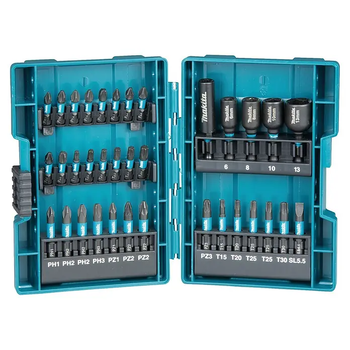 Makita Bit-Set Impact Black B-66880 - 35 -tlg. - Offenes Makita Bit-Set in einem türkis-schwarzen Kunststoffkoffer mit Schrauberbits (PH, PZ, T, SL), Stecknüssen und Bithalter.